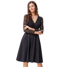 Kate Kasin Sexy Frauen Vintage Retro Lange schiere schwarze Spitze Ärmel V-Ausschnitt Aline Kleid KK000485-1